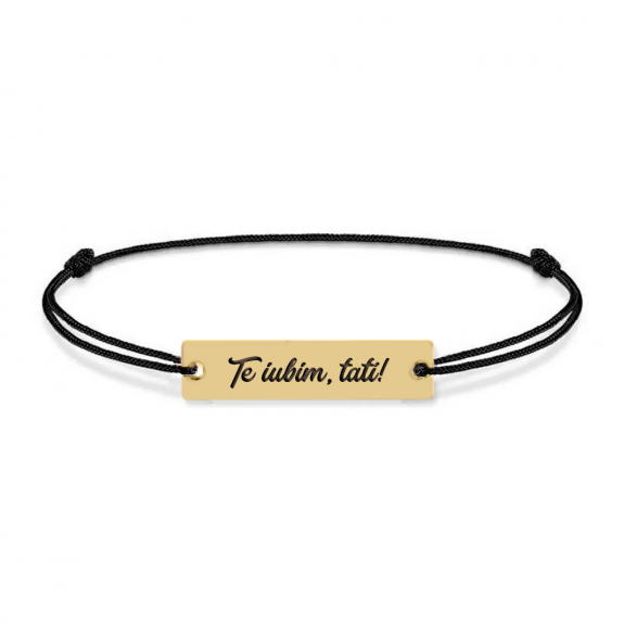 Bratara argint tablita 30 mm si snur negru - personalizata cu text - placat cu aur galben de 24 karate Bratara argint tablita 30 mm si snur negru - personalizata cu text - placat cu aur galben de 24 karate